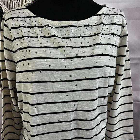 Talbots Ivory Black Stripe Plus Size 1X Rhinestones 3/4 Sleeves Knit Top Blouse - Picture 8 of 12